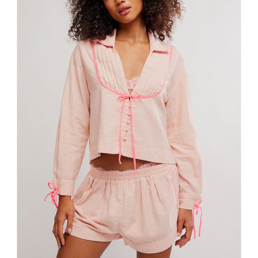 Free People Pale Blush Pink Cotton Pajama Set with Neon Trim